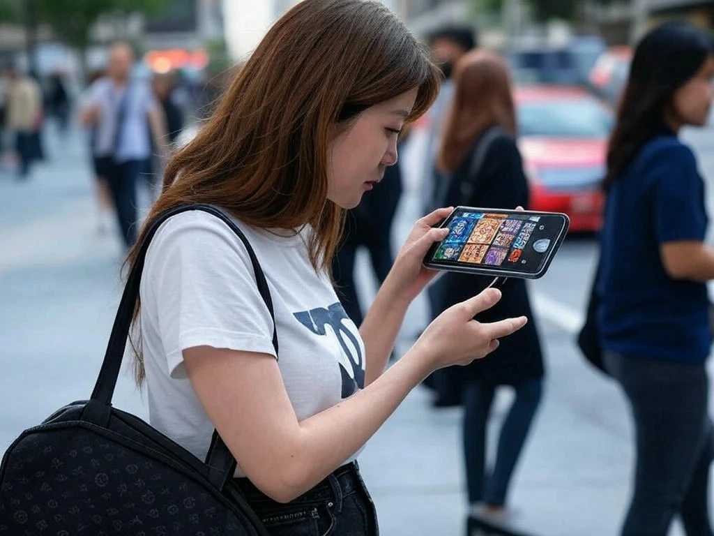 asian women playing slots game on city street
